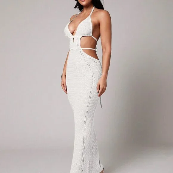 White Boho Crochet Deep V-Neck Hollow Slit Mid-Length Women's Cover Up Dress - Picture 4 of 8